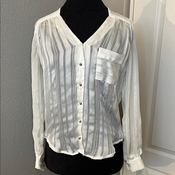 Tops - Elegant White Striped Button Up Blouse Sheer Flawed